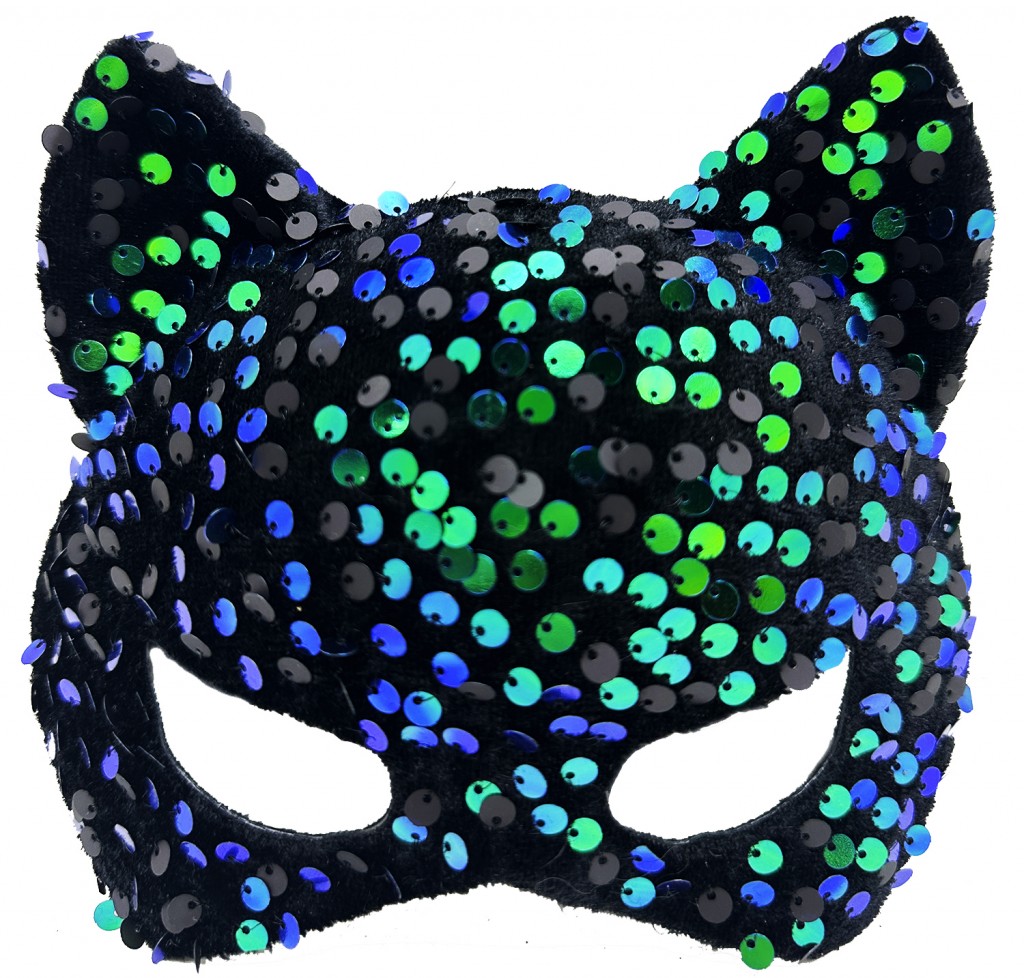 Siyah Kadife Kumaş Üzerine Mavi Yeşil Payetli Pullu Parti Maskesi 16X14 Cm