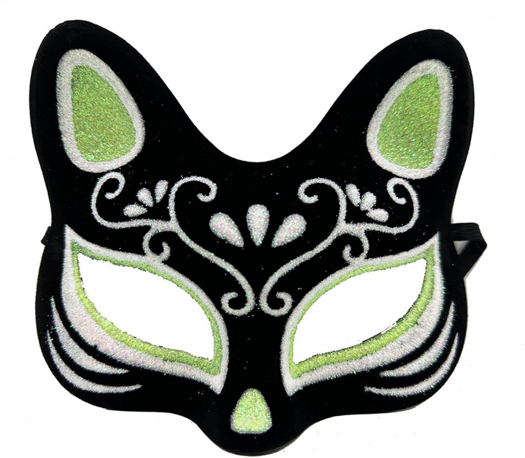 Siyah Renk Süet Kaplama Üzeri Gümüş Yeşil Simli Kedi Maskesi 17X14 Cm
