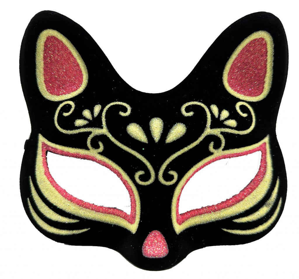 Siyah Renk Süet Kaplama Üzeri Kırmızı Sarı Simli Kedi Maskesi 17X14 Cm