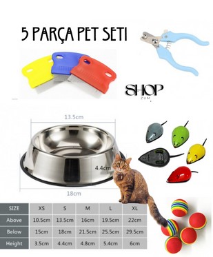 5 Parça Pet Seti - Pire Tarağı - Pazlanmaz Çelik Mama Kabı - Pet Tırnak Makası - Oyuncak Çek Bırak Fare Ve Top