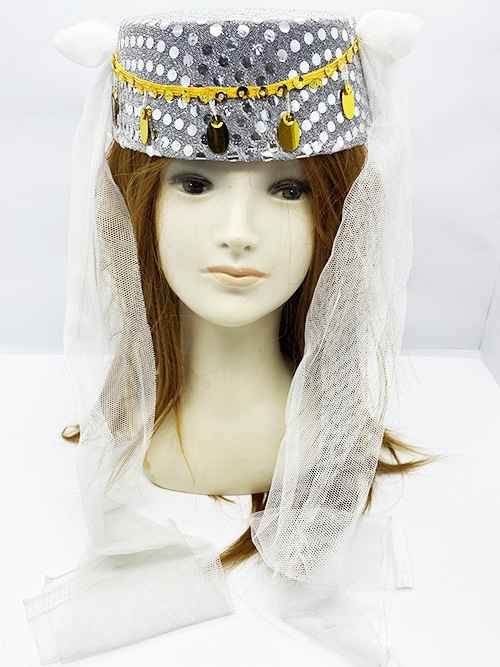 Beyaz Duvaklı Altın Pul İşlemeli Kına Fesi Kına Şapkası Oryantal Şapkası