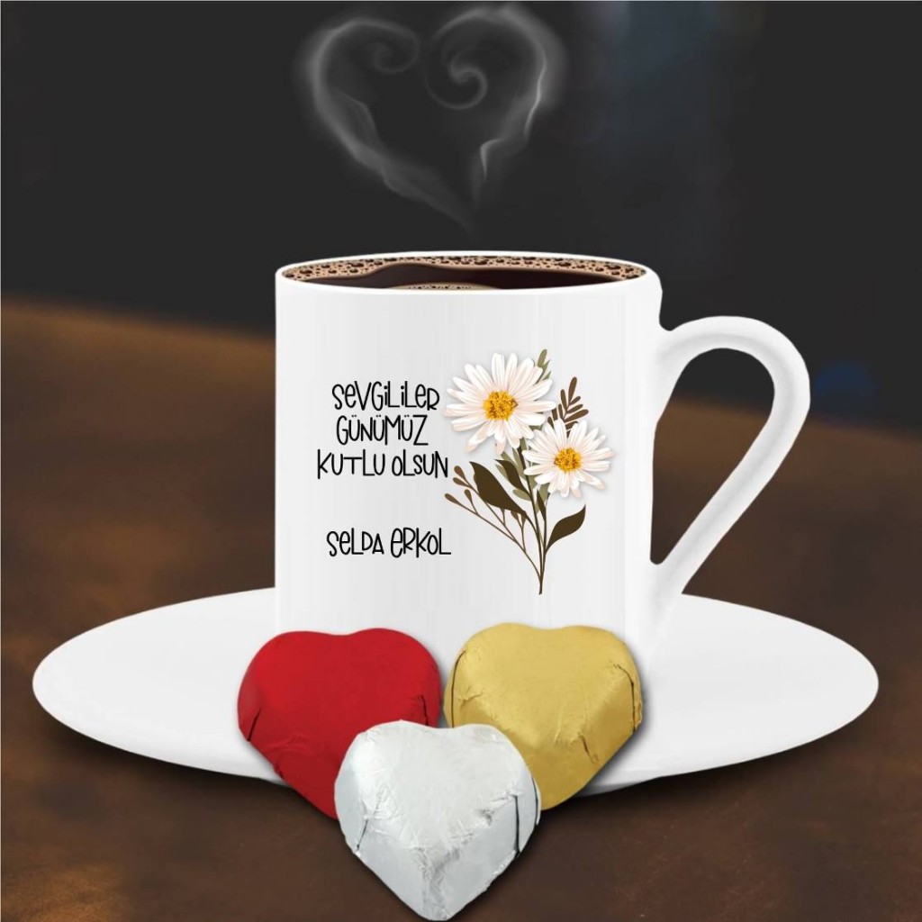Kişiye Özel Papatya Temalı Kalpli Çikolata Ve Kahve Fincanı -70