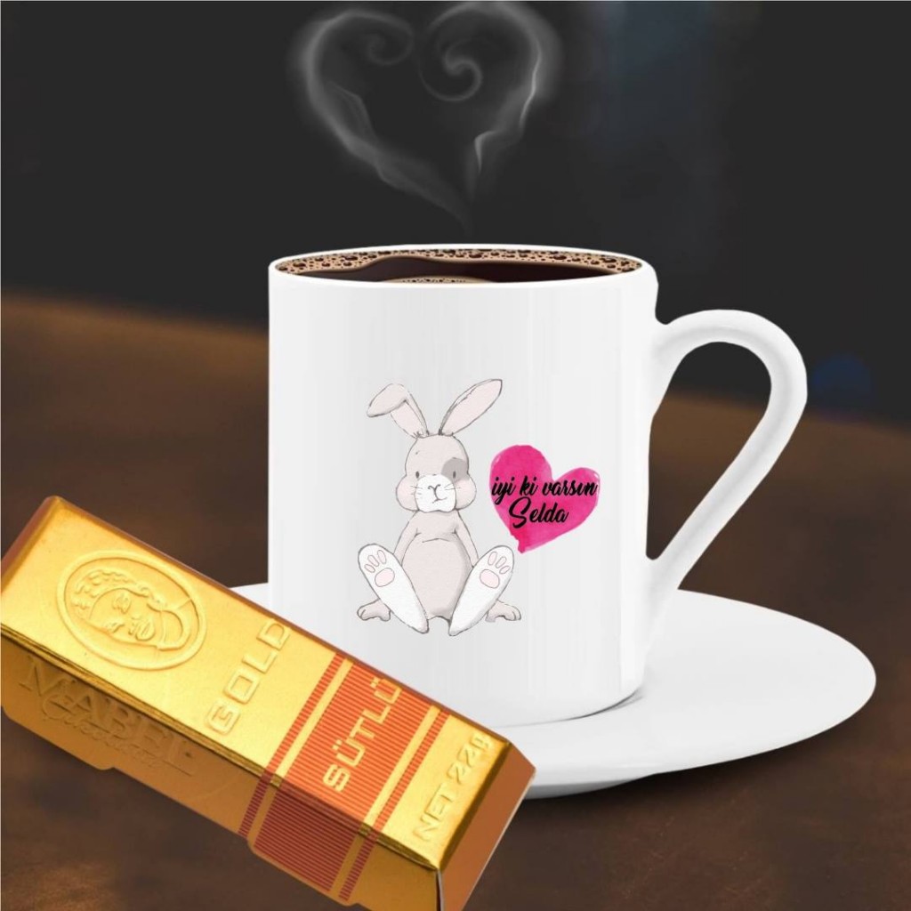 Kişiye Özel Romantik Tavşan Altın Külçe Çikolata Ve Kahve Fincanı -04