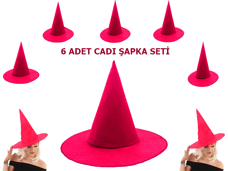 Pembe Fuşya Renk Keçe Cadı Şapkası Shopzum Yetişkin Çocuk Uyumlu 6 Adet