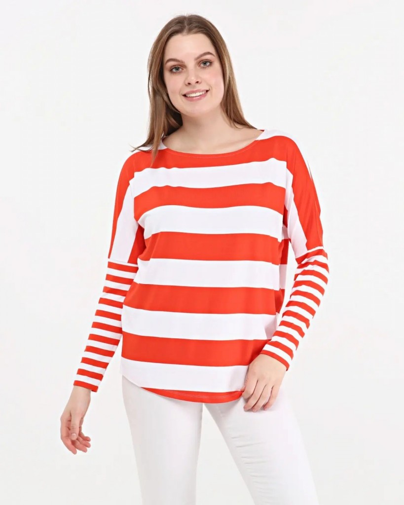 Kırmızı Beyaz Renkli Çizgi Desenli Büyük Beden T-Shirt - Gardrobun 48 Kırmızı