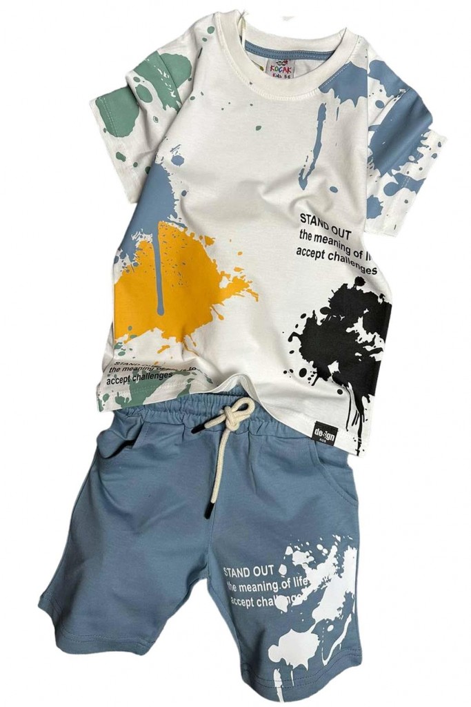 Erkek Çocuk Fırça Boya Desenli Cepli Açık Mavi Şortlu Takım
