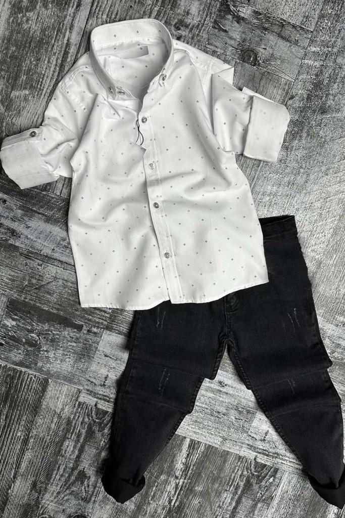 Erkek Çocuk Jean Pantolon Kare Desenli Beyaz Gömlek Alt Üst Takım