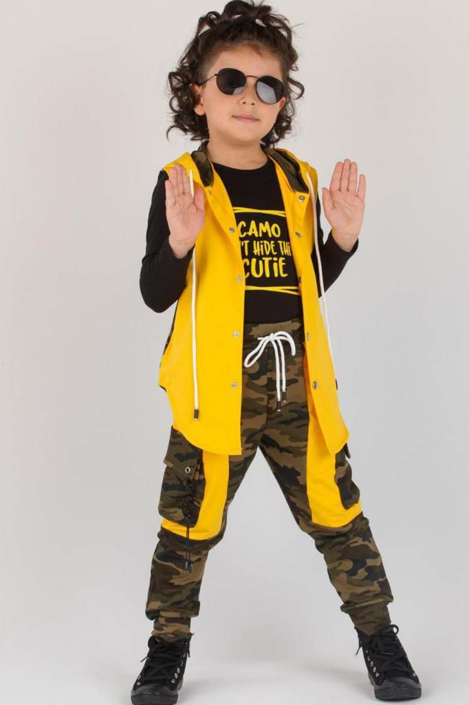 Erkek Çocuk Kargo Cepli Ve Kamuflaj Desenli Sarı Eşofman Takım