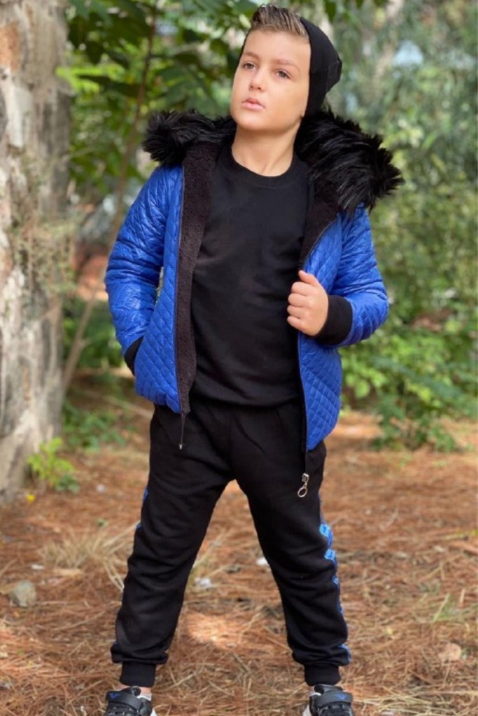Erkek Çocuk Kürk Montlu Şeritli Mavi Eşofman Takım