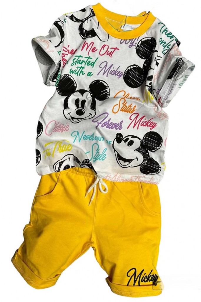 Erkek Çocuk Mickey Desen Ve Rengarenk Yazı Baskılı Sarı Şortlu Takım