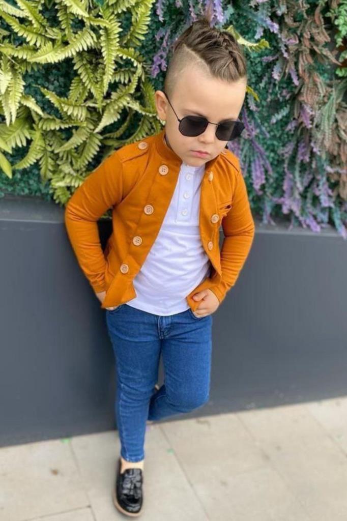 Erkek Çocuk Omzu Ve Ceket Yakası Düğme Detaylı Cepli Blazer Ceketli Hardal Alt Üst Takım