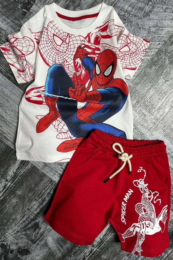 Erkek Çocuk Spiderman Digital Ve Yazı Baskılı Kısa Kol Kırmızı Şortlu Takım