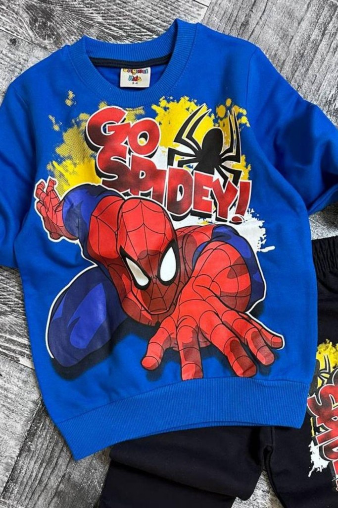 Erkek Çocuk Spiderman Ve Go Spıdey Yazı Baskılı Şardonlu Mavi Eşofman Takım