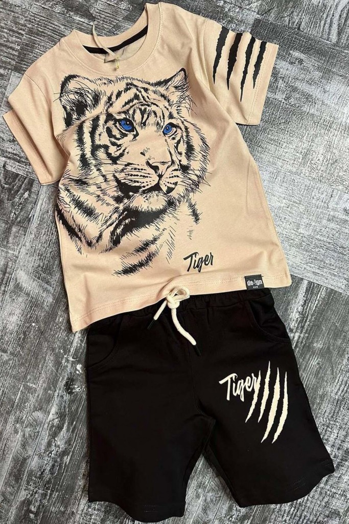 Erkek Çocuk Tiger Baskılı Krem Tişört Şortlu Takım