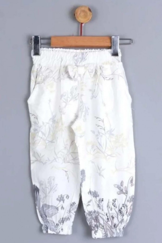 Kız Bebek Çiçek Baskı Ve Fiyonk Detaylı Cepli Beyaz Pantolon