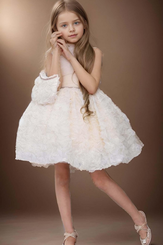 Kız Çocuk 3D Baskılı Göğsü Kat Kat Tül Ve Gül Detaylı Taş İşlemeli Beyaz Abiye