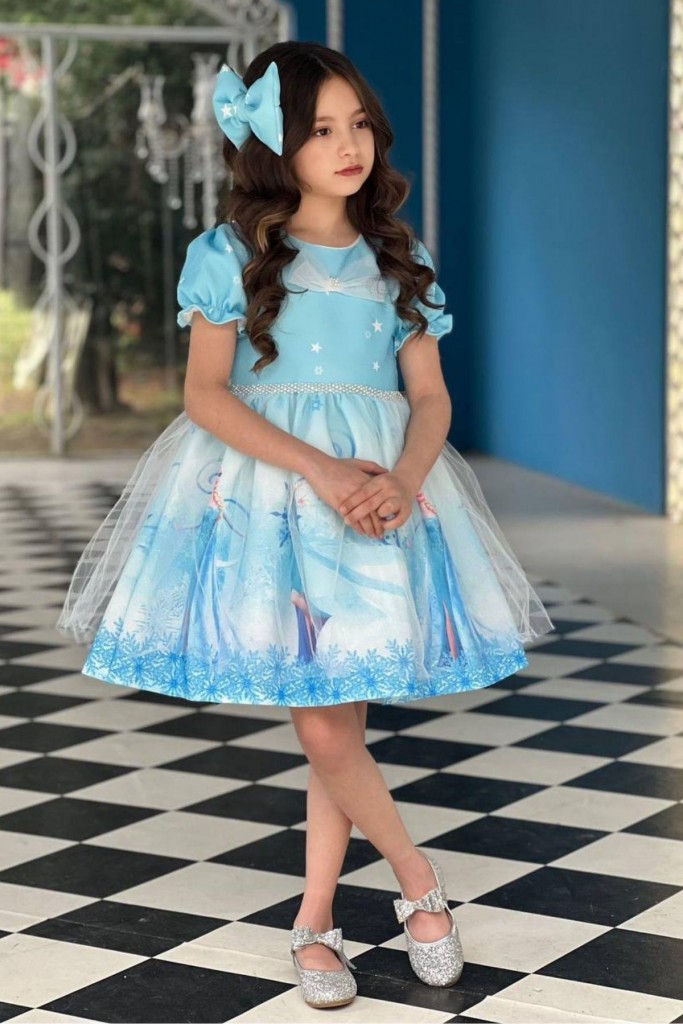 Kız Çocuk Balon Kollu Beli Taş Şerit Detaylı Elsa Baskılı Mavi Elbise