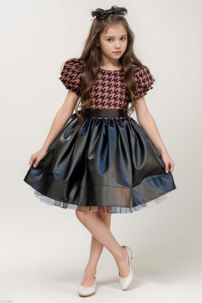 Kız Çocuk Balon Kollu Kazayağı Desenli Deri Etekli Tül Detaylı Kahverengi Elbise