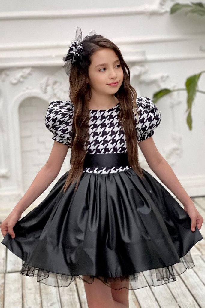 Kız Çocuk Balon Kollu Kazayağı Desenli Deri Etekli Tül Detaylı Siyah Elbise 2-12 Yaş
