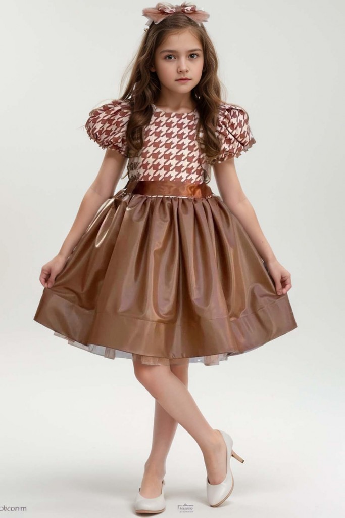 Kız Çocuk Balon Kollu Kazayağı Desenli Deri Etekli Tül Detaylı Taba Elbise