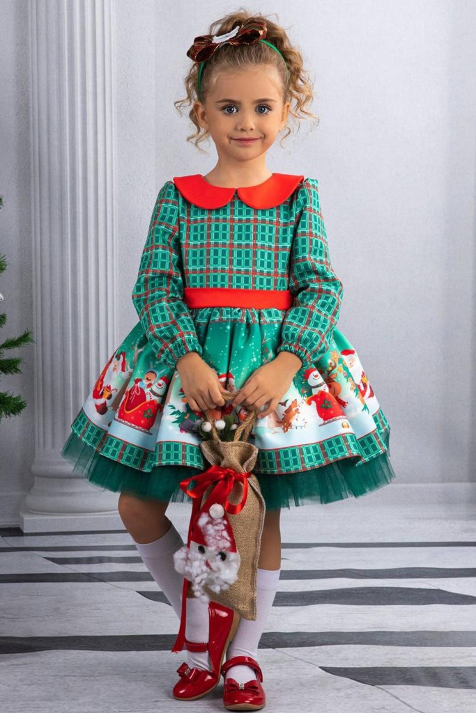 Kız Çocuk Bebe Yakalı Kare Desenli Noel Baskılı Taçlı Yeşil Elbise 2-8Yaş
