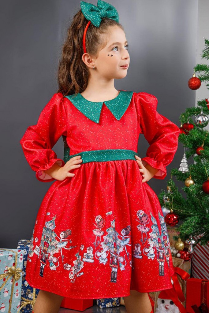 Kız Çocuk Bebe Yakalı Noel Baskılı Puantiyeli Kırmızı Elbise