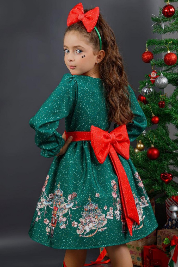 Kız Çocuk Bebe Yakalı Noel Baskılı Puantiyeli Yeşil Elbise