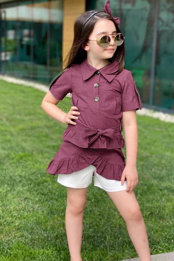 Kız Çocuk Belden Bağlamalı Düğme Detaylı Eteği Fırfırlı Mor Tunik