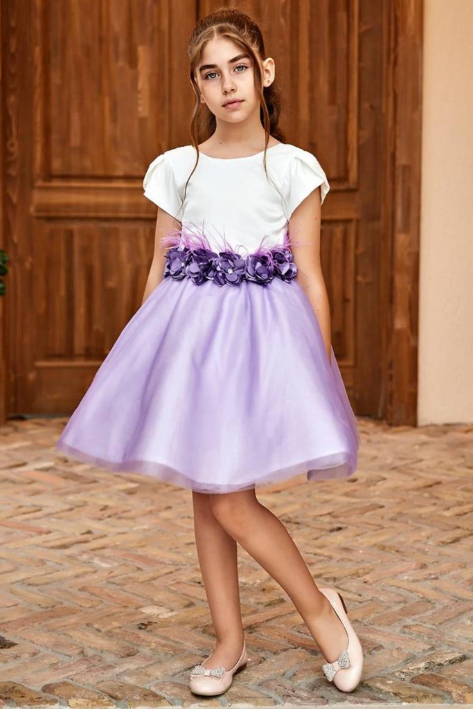 Kız Çocuk Beli Çiçekli Ve Tokalı Eteği Kabarık Tüllü Lila Elbise
