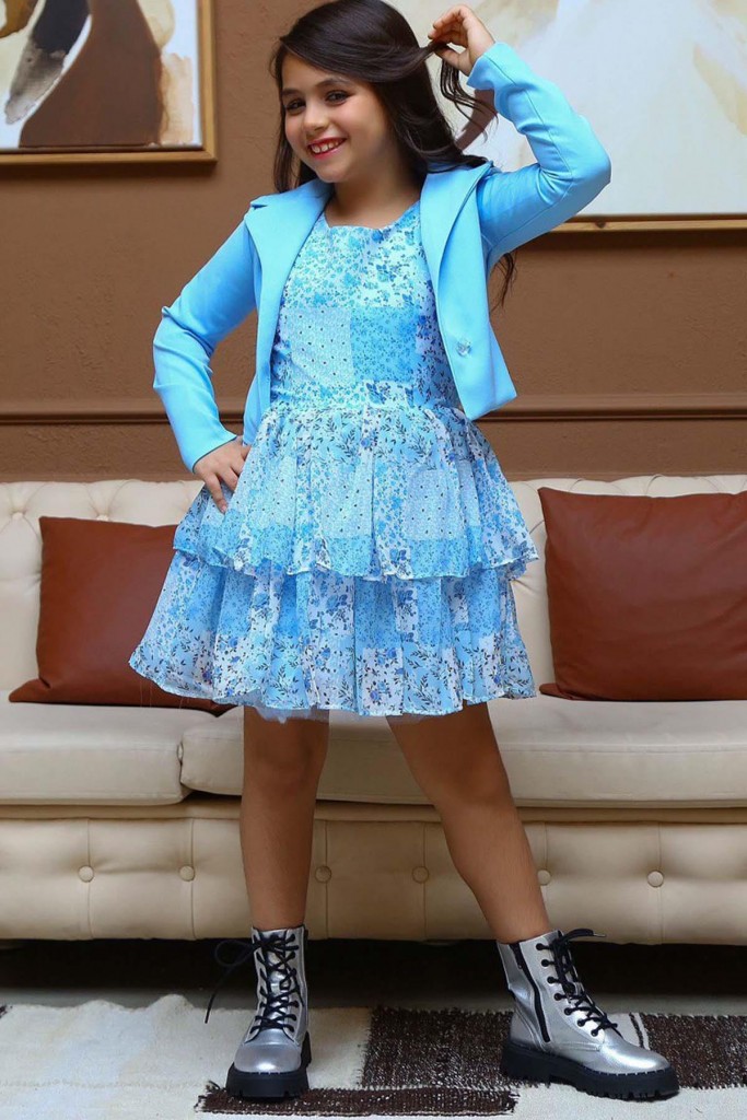 Kız Çocuk Blazer Ceketli Çiçek Baskılı Katkat Tüllü Sıfır Kol Mavi Elbise