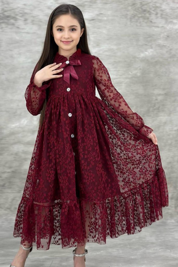 Kız Çocuk Boydan Düğmeli Dantel İşlemeli Bordo Elbise