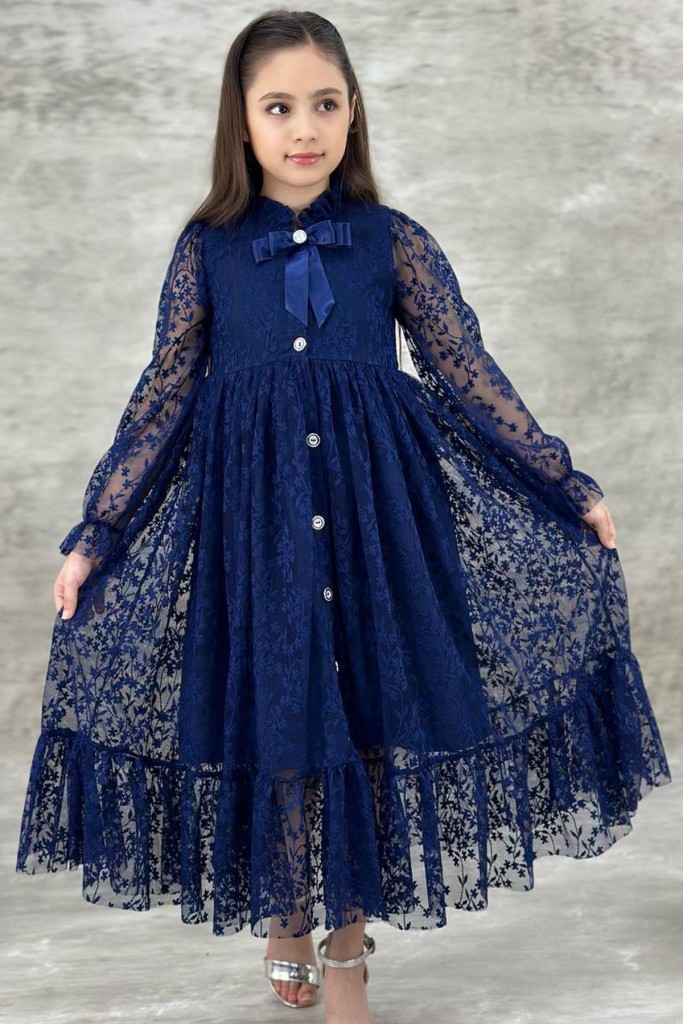 Kız Çocuk Boydan Düğmeli Dantel İşlemeli Lacivert Elbise