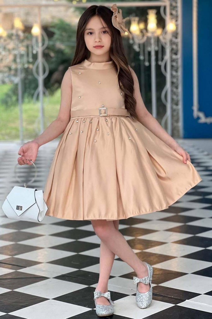 Kız Çocuk Boydan Üzeri Taş İşlemeli Kemer Detaylı Piliseli Krem Elbise