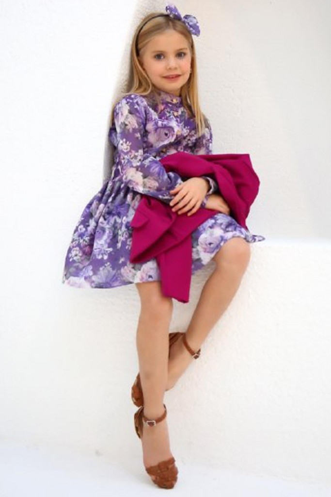 Kız Çocuk Ceket Yakasında Fiyonk Detaylı Uzun Kollu Pileli Mor Elbise 3-12 Yaş