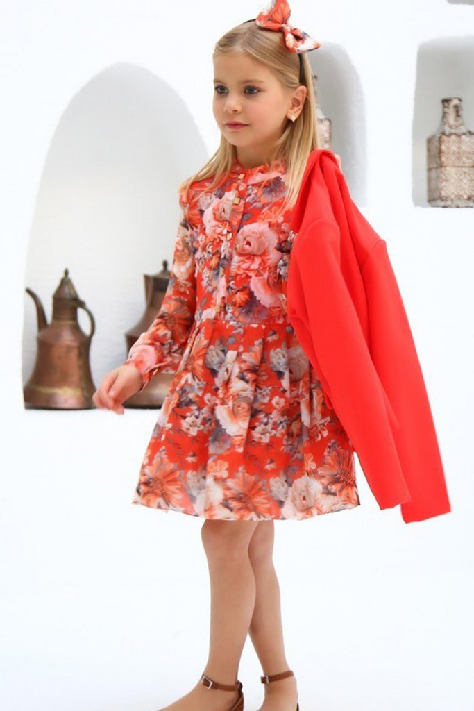 Kız Çocuk Ceket Yakasında Fiyonk Detaylı Uzun Kollu Pileli Nar Çiceği Elbise