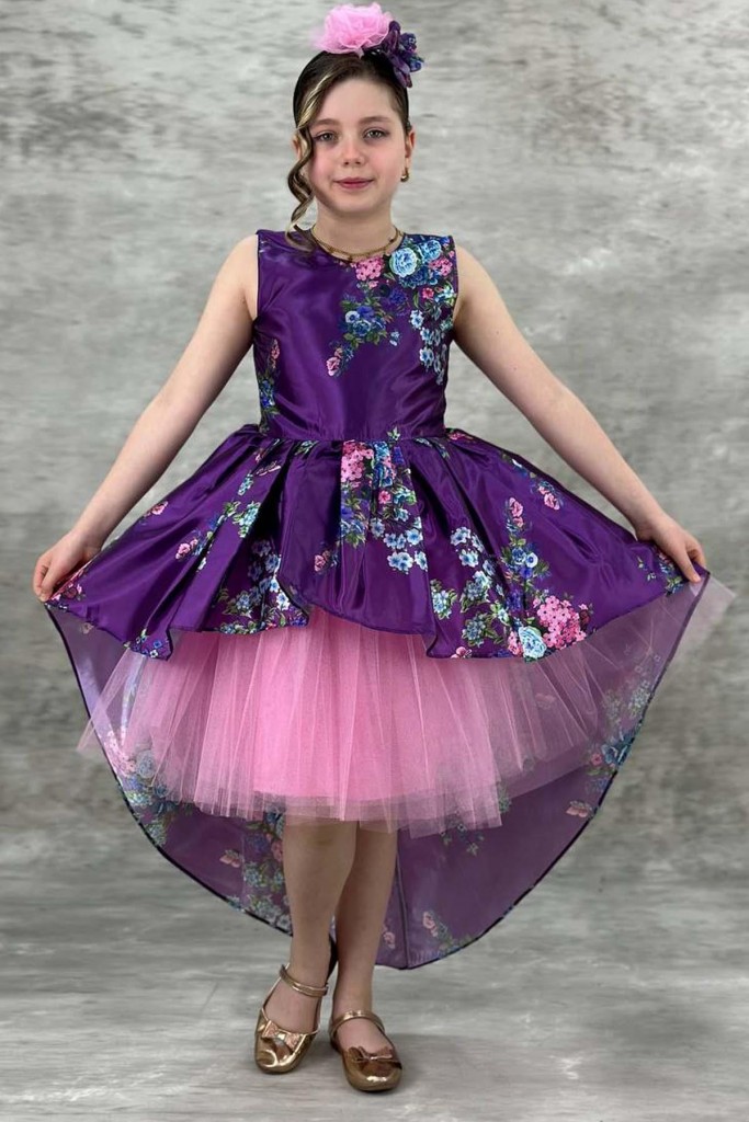 Kız Çocuk Çiçek Desenli Tül Detaylı Kuyruklu Saten Mor Elbise