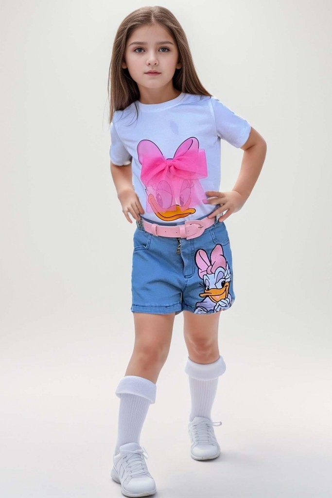 Kız Çocuk Daisy Baskı Ve Üzeri Tül Fiyonk Detaylı Tişört Jean Şortlu Takım