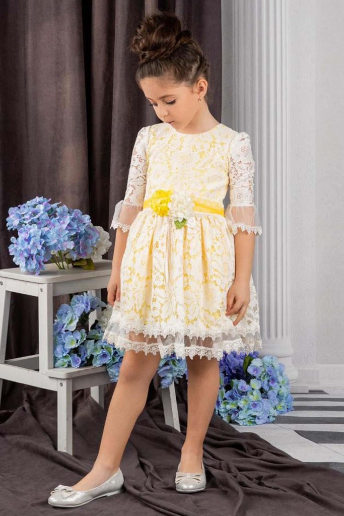 Kız Çocuk Dantel İşlemeli Çiçekli Sarı Astarlı Elbise