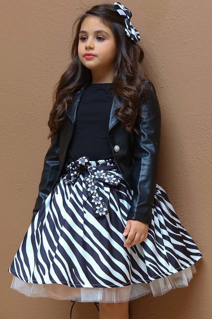 Kız Çocuk Deri Ceket Ve Zebra Baskılı Saten Siyah Etekli Takım