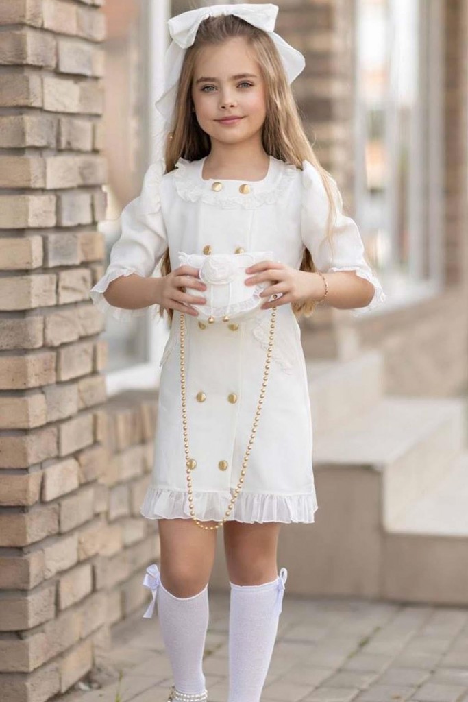 Kız Çocuk Düğme Ve Fırfır Detaylı Yarım Kollu Beyaz Elbise