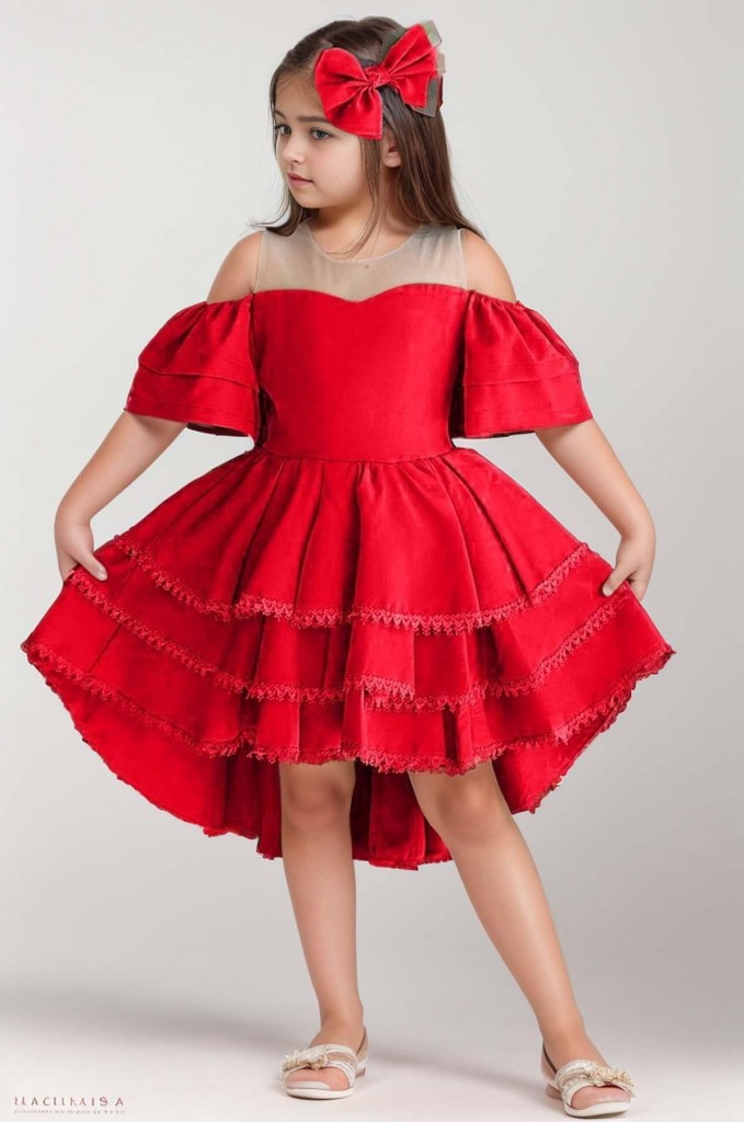 Kız Çocuk Düşük Omuzlu Transparan Yaka Eteği Katkat Dantel İşlemeli Kuyruk Detaylı Kırmızı Elbise