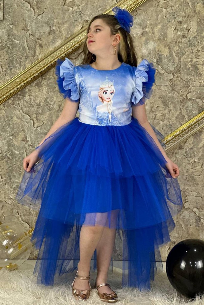 Kız Çocuk Elsa Baskılı Kat Kat Tüllü Arkadan Fiyonk Detaylı Lacivert Elbise 7-10 Yaş