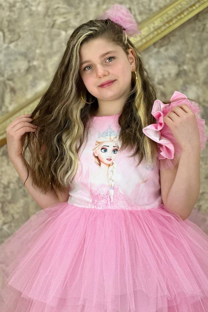 Kız Çocuk Elsa Baskılı Kat Kat Tüllü Arkadan Fiyonk Detaylı Pembe Elbise 7-10 Yaş