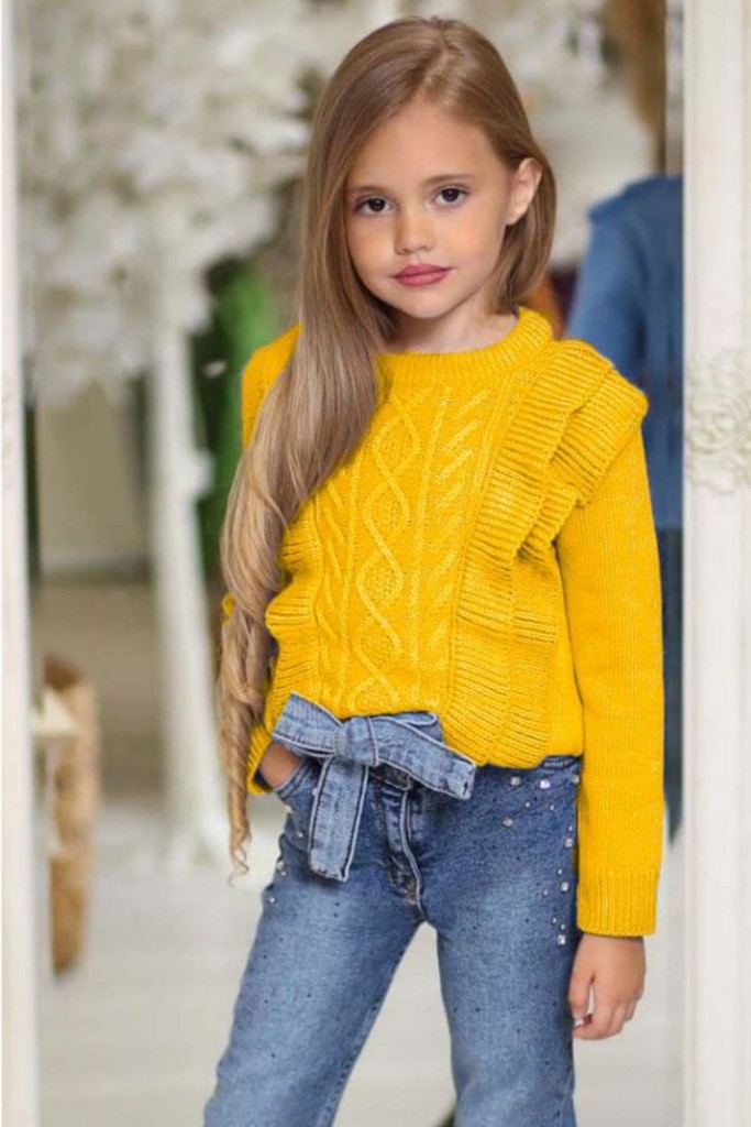 Kız Çocuk Fırfır Ve Saç Örgü Detaylı Triko Bluz Ve Jeans Pantolon Sarı Alt Üst Takım
