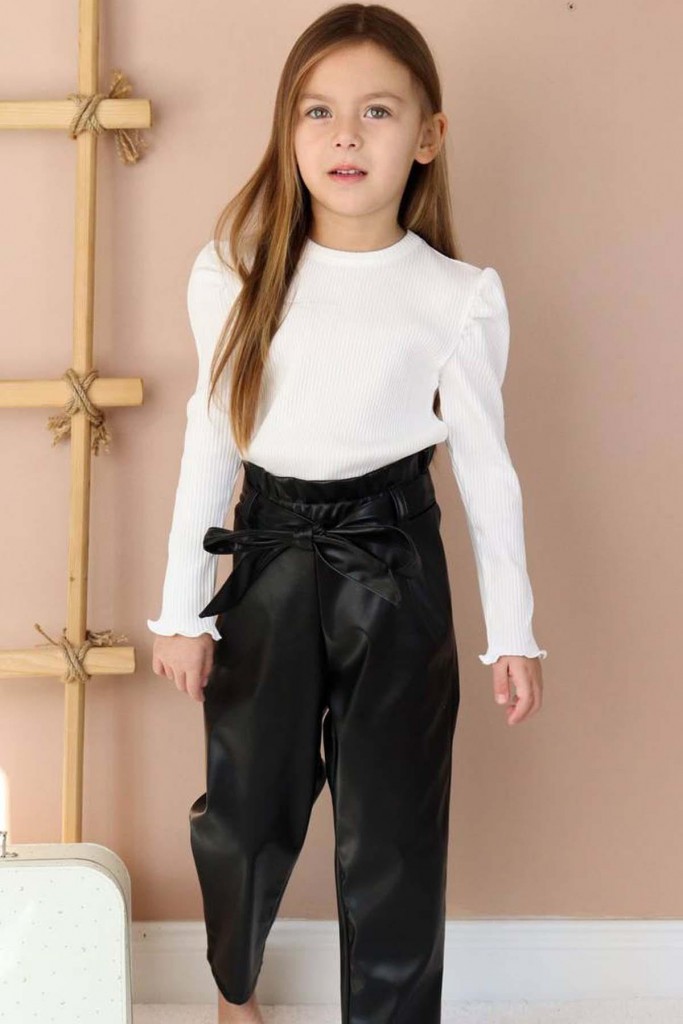 Kız Çocuk Fitilli Bluz Ve Deri Pantalon Siyah Alt Üst Takım