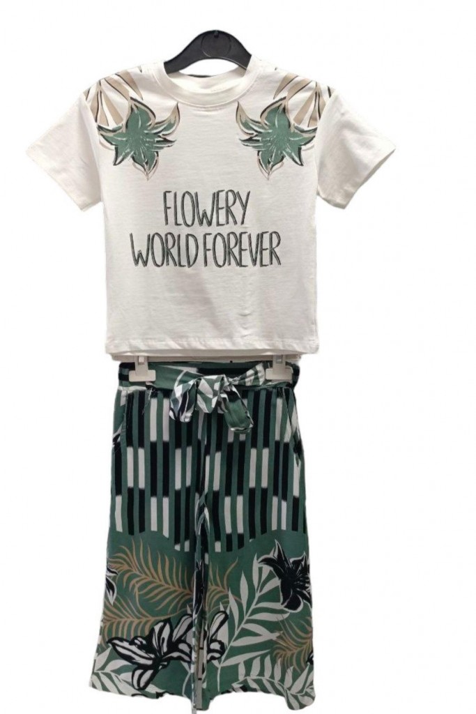 Kız Çocuk Flowery Yazı Ve Palmiye Baskılı Tişört Çizgili Bol Kesim Salaş Yeşil  Pantolon Alt Üst Takım