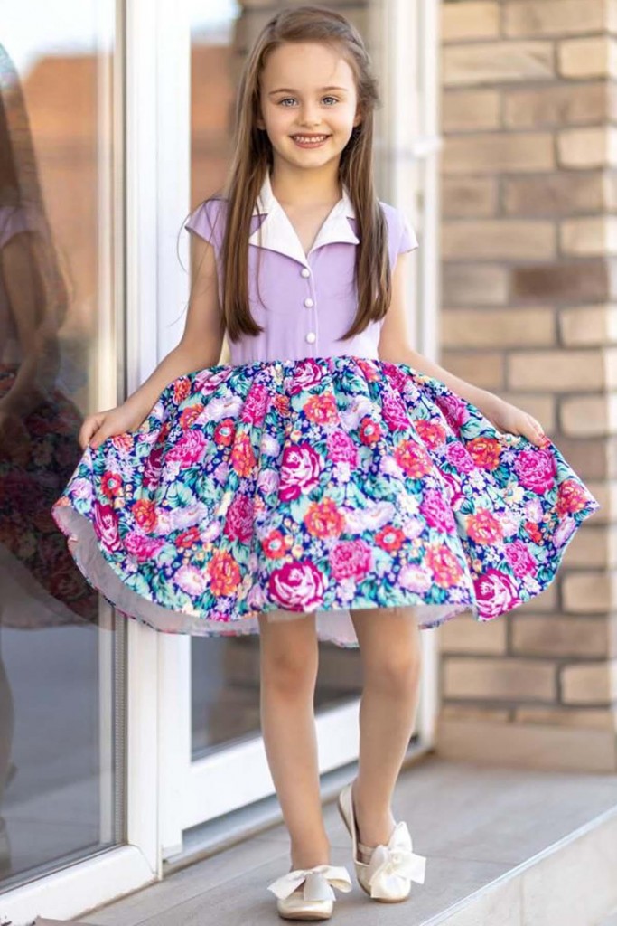 Kız Çocuk Gömlek Yaka Çiçek Baskılı Lila Elbise