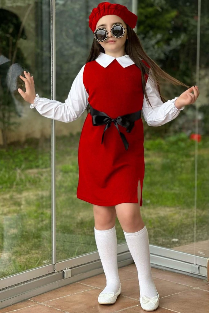 Kız Çocuk Gömlek Yaka Yırtmaç Detaylı Fitilli Kumaş Kırmızı Elbise