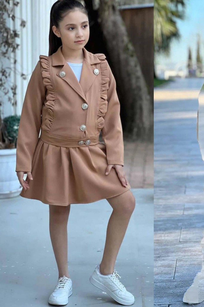 Kız Çocuk Gümüş Düğme Ve Fırfır Detaylı Kahverengi Ceket Etekli Takım