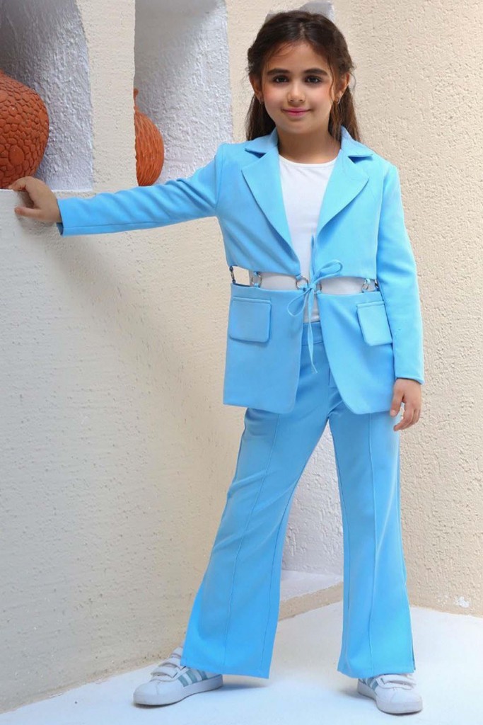 Kız Çocuk Halka Detaylı Blazer Ceket Ve  Yırtmaç Detaylı İspanyol Paçalı Pantolon Mavi Alt Üst Takım